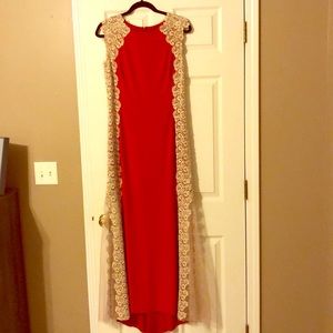 Xscape long red evening gown with gold trim
